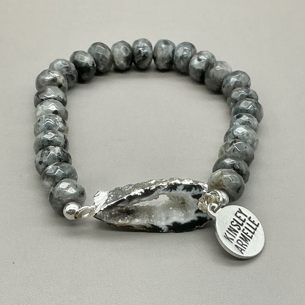 Kinsley Armelle Bracelet Women Gray Geode Druzy Faceted Larvikite Stone Beaded